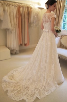 Sheer Lace Beach Wedding Dresses Jewel Sleeves Elegant Bridal Gowns_2