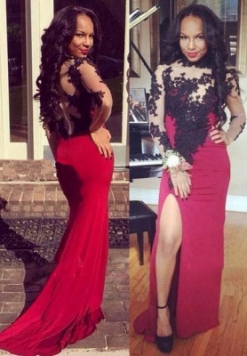 Long Sleeves Prom Dresses black Lace Thigh-High Slit Zipper Sexy Evening Gowns_1