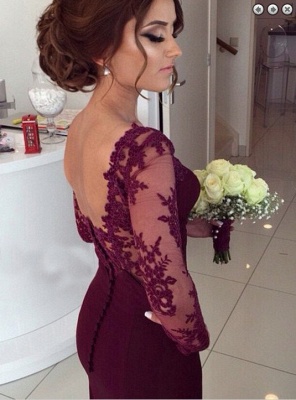 2018 Mermaid Evening Gowns Dark Red Long Sleeves Lace Open Back Long Wedding Party Dresses_3