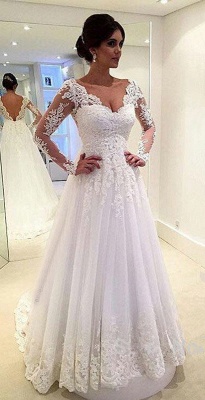 Long Sleeves Lace Beach Wedding Dresses V Neck Open Back Floor Length Bridal Gowns_1