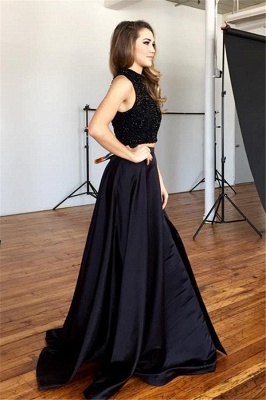 Chic Two-Piece Prom Dresses | Black Beaded A-line Formal Dresses_4