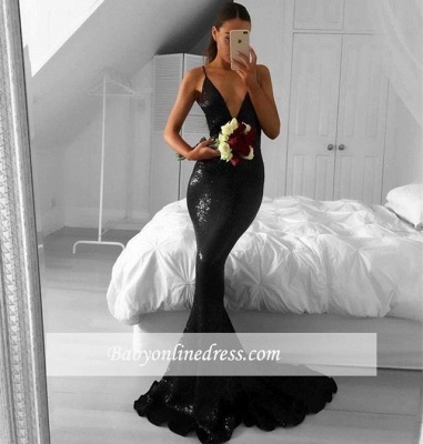 2018 Sweep-Train Mermaid Sexy V-Neck Black Sequined Prom Dresses_1