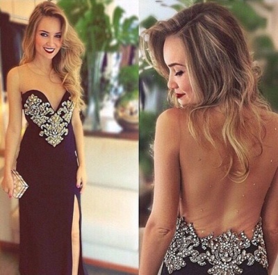 Black Long Prom Dresses Crystals Beaded Open Back Side Slit Sexy Evening Gowns_1