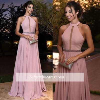 Sexy A-Line Chiffon Crystal Halter Pink Prom Dresses 2018_1