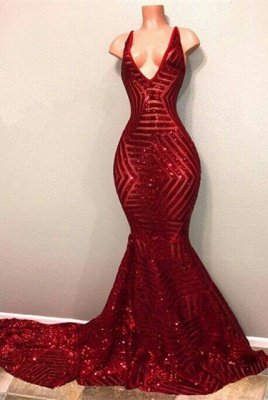 Sequins Red Shiny Mermaid V-Neck Long Prom Dresses_1