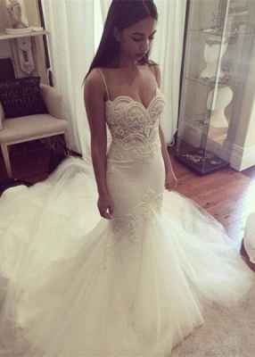 Mermaid Wedding Dresses Spaghettis Straps Delicate Lace Appliques Bridal Gowns_2