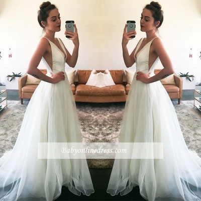 A-line White Sweep-Train Straps V-neck Newest Sleeveless Wedding Dress_1