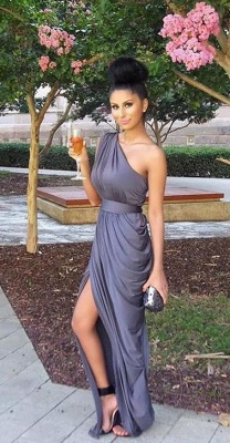 One Shoulder Long Bridesmaid Dresses Grey Ruffles Formal Evening Gowns_3