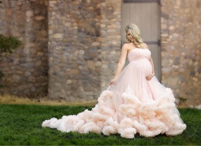Long Pink Strapless Cloud Pregnant Maternity Wedding Dresses_3