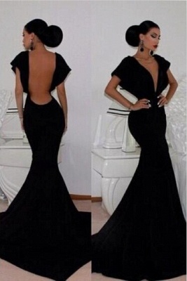 Black Mermaid Prom Dresses Deep V-neck Open Back Sexy Evening Gowns_2