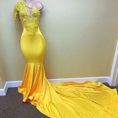 Shiny Yellow Mermaid Prom Dresses | One Sleeve Lace Evening Gowns_3