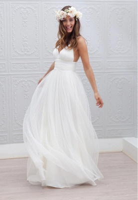 A-line Wedding Dresses Summer Beach Spaghettis Straps Backless Bridal Gowns_1