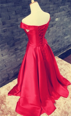 Red Long Prom Dresses Off the Shoulder Lace-up Back with Bow Elegant Evening Gowns_4