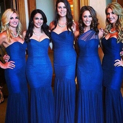 Royal Blue Tulle Mermaid Bridesmaid Dresses Ruched One Shoulder Maid of Honor Dresses_3