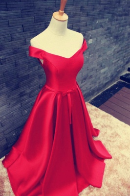 Red Long Prom Dresses Off the Shoulder Lace-up Back with Bow Elegant Evening Gowns_2