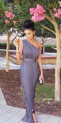 One Shoulder Long Bridesmaid Dresses Grey Ruffles Formal Evening Gowns_1