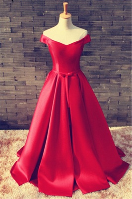 Red Long Prom Dresses Off the Shoulder Lace-up Back with Bow Elegant Evening Gowns_1