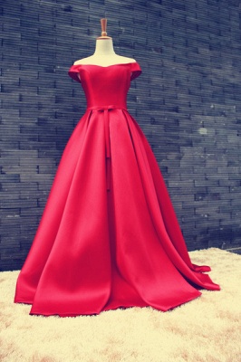 Red Long Prom Dresses Off the Shoulder Lace-up Back with Bow Elegant Evening Gowns_3