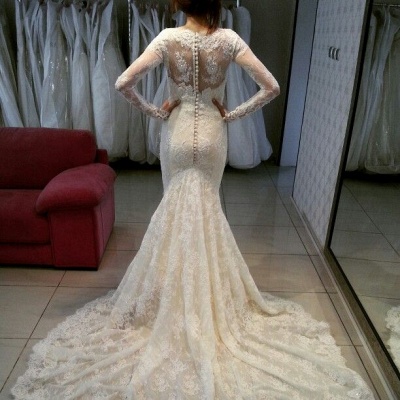Lace Mermaid Wedding Dresses with Long Sleeves | Scoop Neck Beaded Elegant Bridal Gowns_4