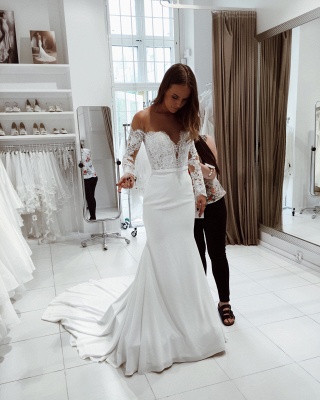 Amazing White Mermaid Wedding Dresses | Off-the-Shoulder Long Sleeves Bridal Gowns_3