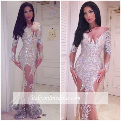 Sleeve Prom Long Crystal Sheer Glamorous Mermaid Dress_1