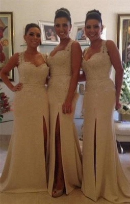 Sexy Lace Mermaid Bridesmaid Dresses Side Slit Beaded Prom Dresses with Buttons_2