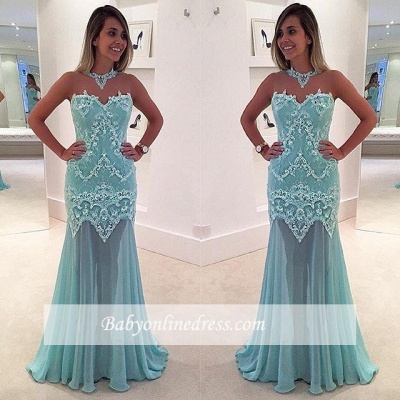 Mermaid Sleeveless Lace High-Neck Sexy Sweep-Train Appliques Prom Dress_1