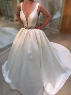 Ball-Gown Deep-V-Neck Sleeveless Simple Beading Open-Back Straps Wedding Dresses_1