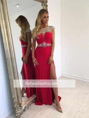 Sexy Red Long Prom Dress Cap-Sleeve Split Crystal Evening Gowns_3