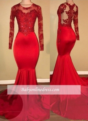 Amazing Appliques Sheer Red Long-Sleeves Mermaid Prom Dresses_3
