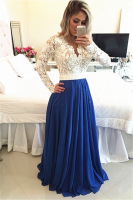 Long Sleeves Lace Pearls Chiffon Prom Dresses V Neck White&Blue Evening Gowns_1