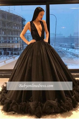 Deep-V-Neck Sparkling Puffy Tulle Ruffles Sleeveless Sequins Black Sexy Evening Gown_3