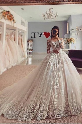 Elegant Long Sleeve Off The Shoulder Lace Ball Gown Floor Lengh Wedding Dresses_1