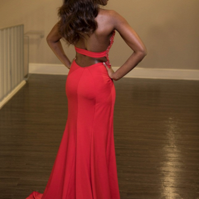 Red Lace-Appliques Chiffon High-neck Prom Dress Side-Split Sleeveless BA5081_5
