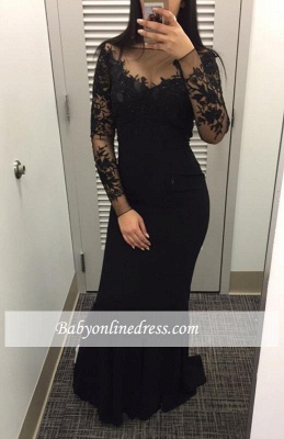 2018 Black Mermaid Long-Sleeves Lace Appliques Prom Dress_1
