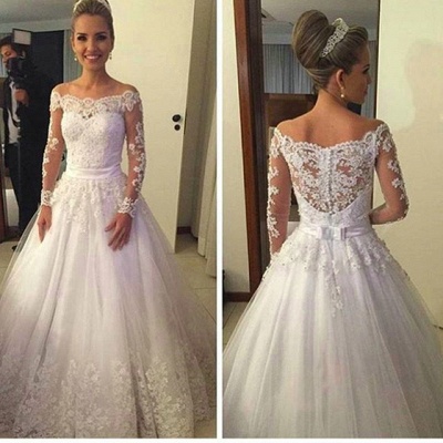 Long-Sleeves Off-the-shoulder Sweep Train A-line Lace Bow Wedding Dresses_3