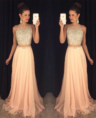 Two-Piece Prom Dresses for Teens Chiffon Beaded Long A-line Sexy Evening Gowns_5