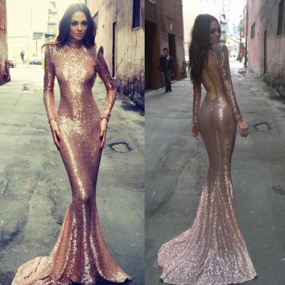 Sequins Mermaid Prom Dresses High Neck Open Back Long Sleeves Sexy Evening Gowns_3