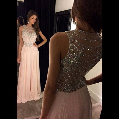 Pink Chiffon Prom Dresses Crystals Beaded Sleeveless Luxury A-line Formal Evening Gowns_3