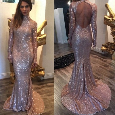 Sequins Mermaid Prom Dresses High Neck Open Back Long Sleeves Sexy Evening Gowns_4