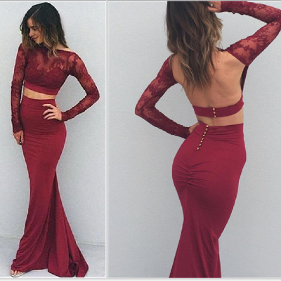 Sexy Two-Pieces Mermaid Prom Dress 2018 Long-Sleeves Backless Evening Gowns_4