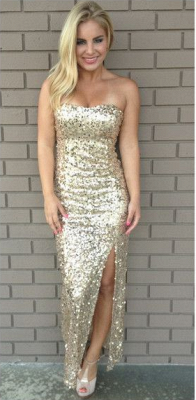 Strapless Sequined Sexy Evening Dresses Side Slit Ankle-Length Prom Gowns_1
