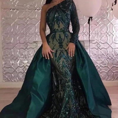 Gorgeous One Shoulder Long Sleeve Appliques Lace Sequins Floor-length Mermaid Prom Dress_3