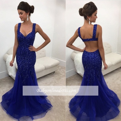 Elegant Straps Mermaid Prom Gowns Sleeveless Long Crystals Royal-Blue Evening Dress_1