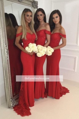 Red off-the-Shoulder Bridesmaid Dresses Zipper Back Long Lace Party Gowns_1