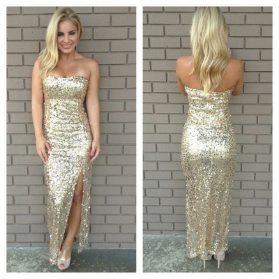 Strapless Sequined Sexy Evening Dresses Side Slit Ankle-Length Prom Gowns_3