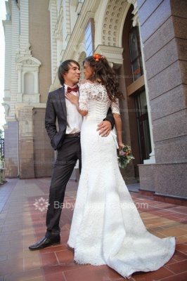 Scalloped-Edge Lace Wedding Dresses Mermaid Half-Sleeve Lace Up Bridal Gowns_2