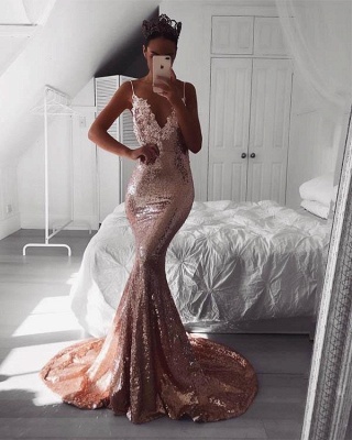 Shiny Sequins Mermaid Prom Dresses | Sexy Spaghetti Straps Lace Open Back Evening Dresses_3