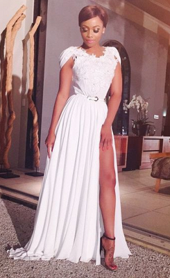 A-Line White Chiffon Long Evening Dresses Applique Side Slit Beautiful Cheap Dress with Belt_1