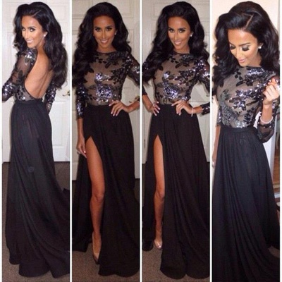 Sequins Long Sleeves Backless Prom Dresses Long Black High Side Slit Sexy Evening Gowns_2